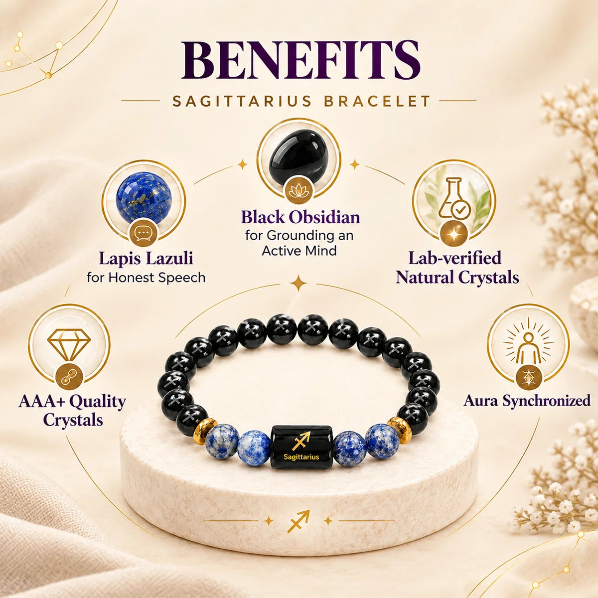 Sagittarius (Dhanu) Rashi Bracelet – Natural Black Obsidian and Lapis Lazuli Beads