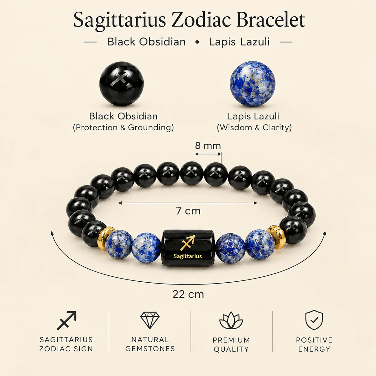 Sagittarius (Dhanu) Rashi Bracelet – Natural Black Obsidian and Lapis Lazuli Beads