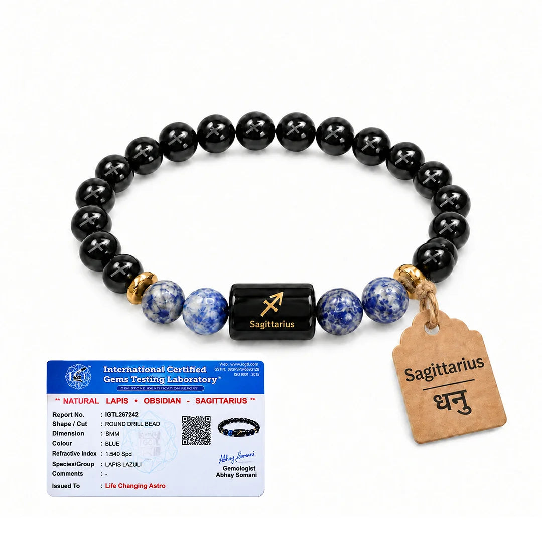 Sagittarius (Dhanu) Rashi Bracelet – Natural Black Obsidian and Lapis Lazuli Beads