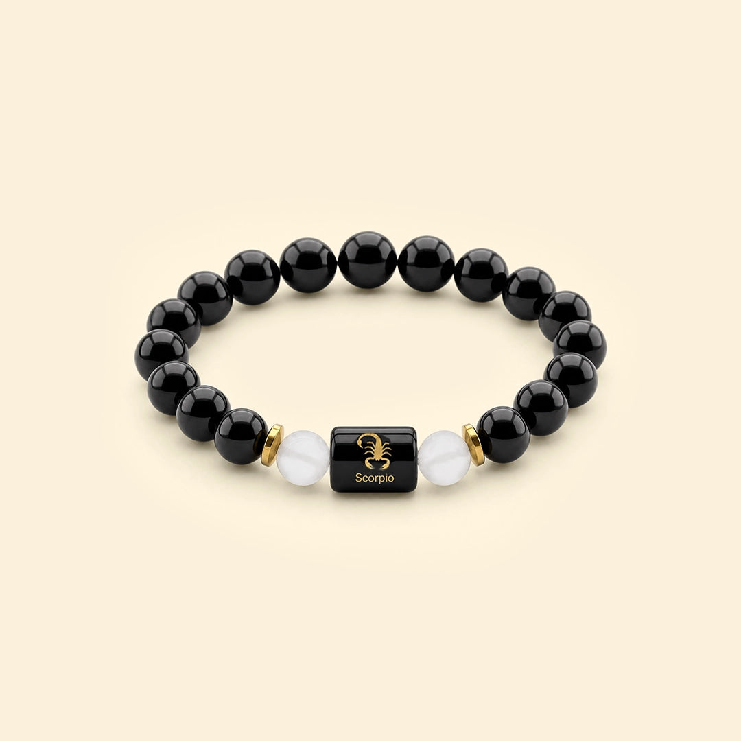 Scorpio (Vrishchik) Rashi Bracelet with natural Black Obsidian and Milky Quartz beads by Acharya Lavbhushan