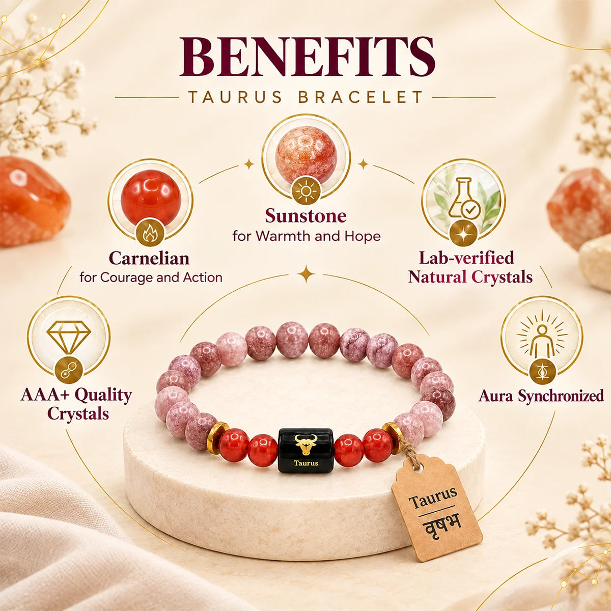 Taurus (Vrishabh) Rashi Bracelet – Natural Sunstone & Carnelian Beads