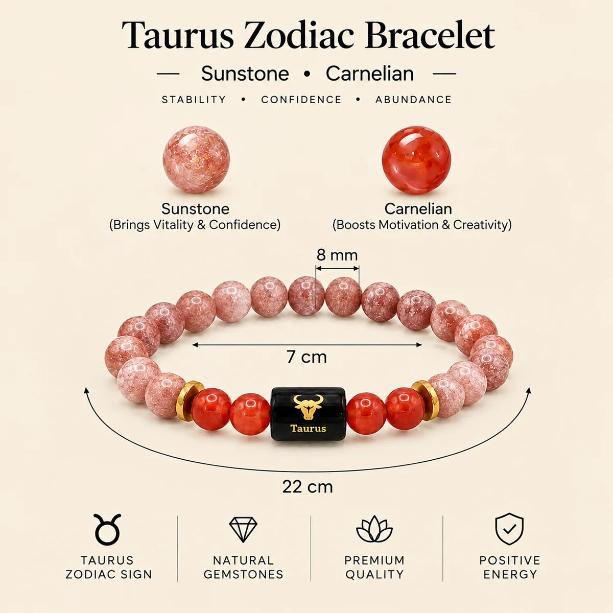 Taurus (Vrishabh) Rashi Bracelet – Natural Sunstone & Carnelian Beads