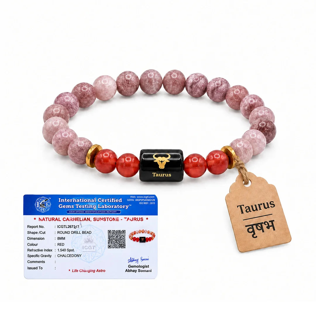 Taurus (Vrishabh) Rashi Bracelet – Natural Sunstone & Carnelian Beads