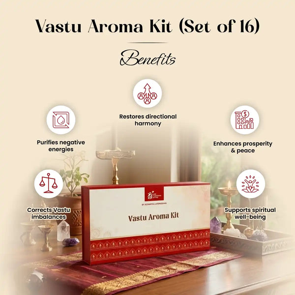 vastu aroma kit set of 16 acharya lavbhushan, complete vastu remedy kit, vedic essential oil set, vastu imbalance correction, home office energy cleanse, directional vastu oils, negative energy purification, prosperity protection harmony, benefits 
