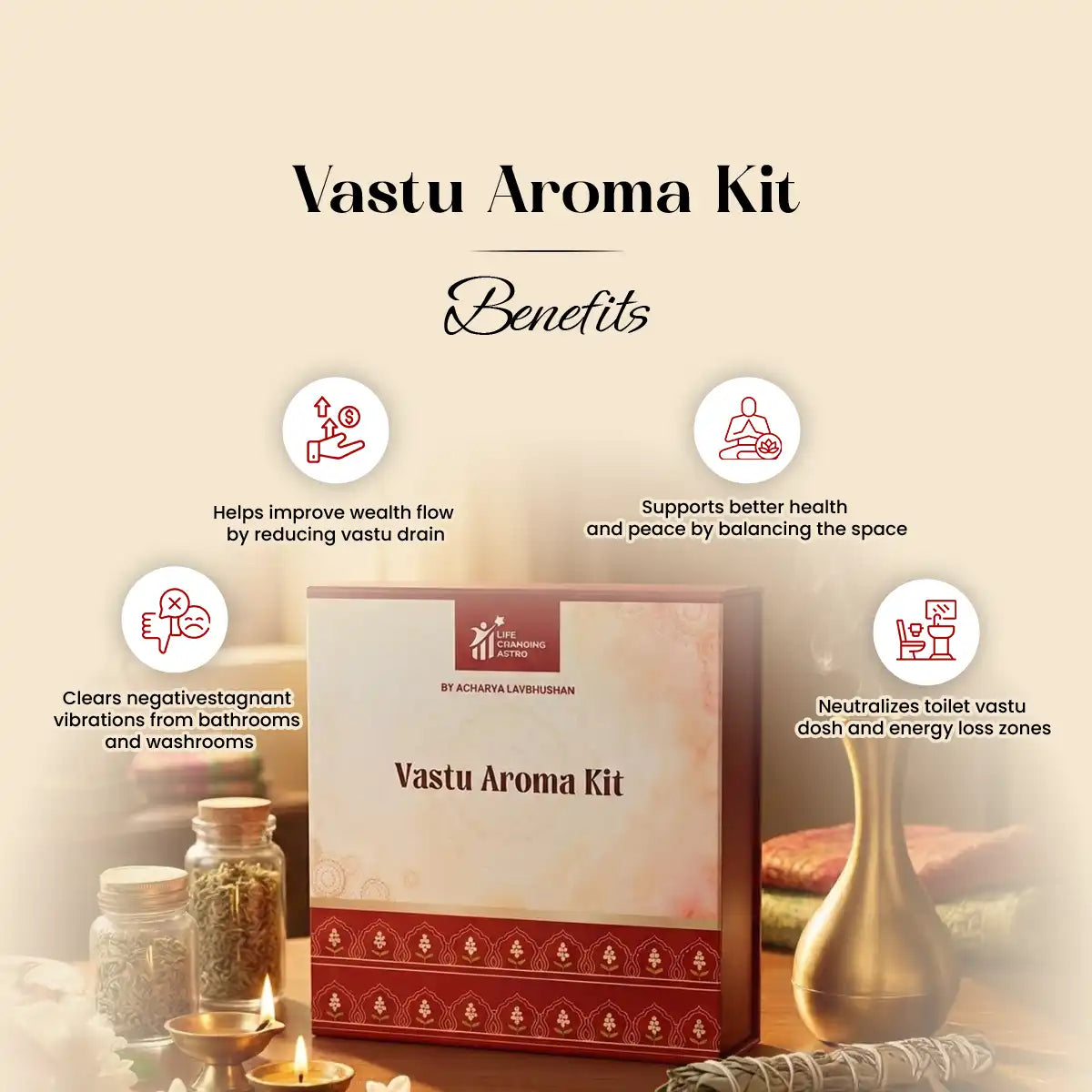 
                    
                      vastu aroma kit toilet, acharya lavbhushan, toilet vastu remedy set of 4, bathroom vastu dosh correction, negative energy neutralizer, toilet energy cleanse, cow dung aroma kit, bamboo less vastu product, home harmony remedy, vastu energy balance, benefits
                    
                  