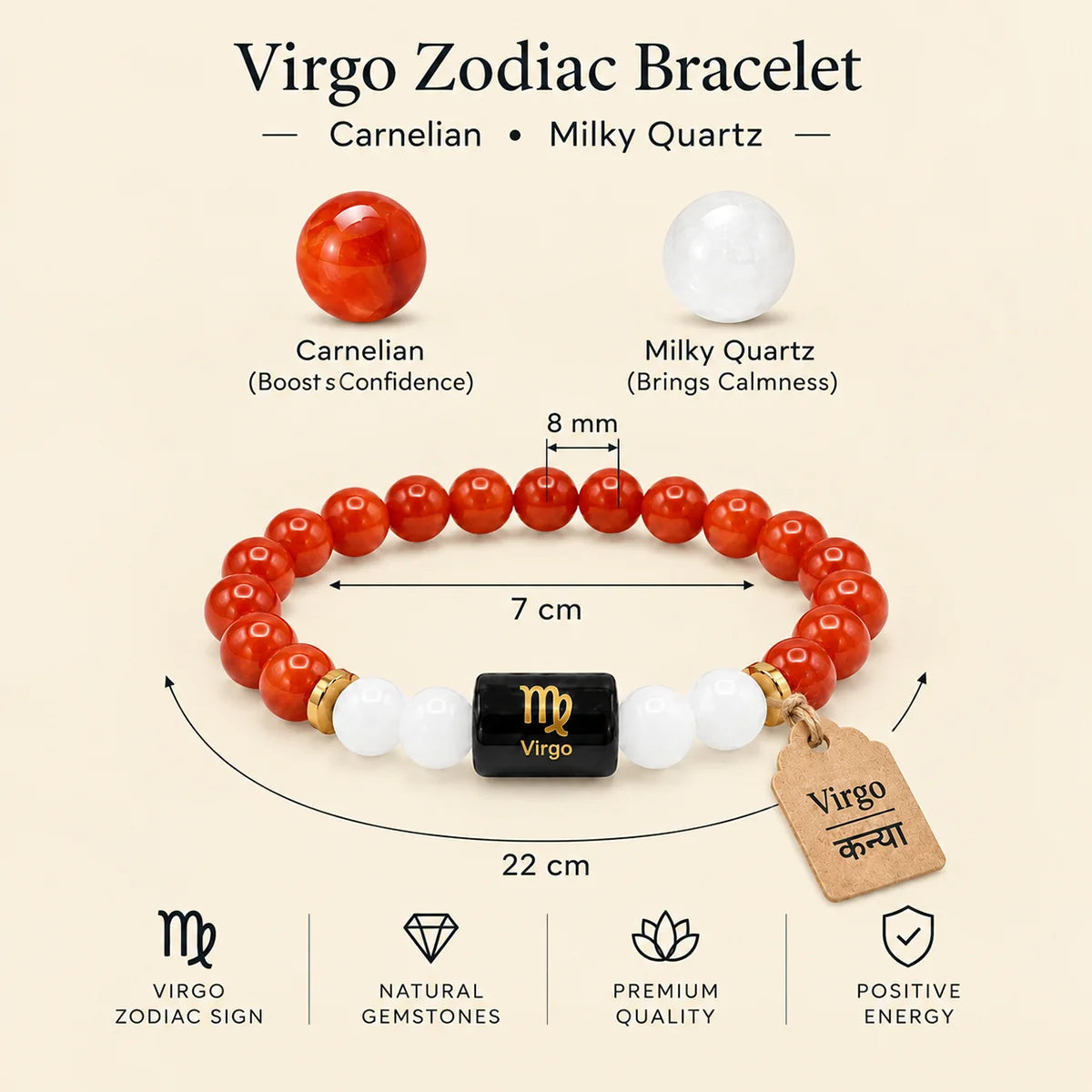 Virgo (Kanya) Rashi Bracelet – Natural Carnelian and Milky Quartz Beads for Budh