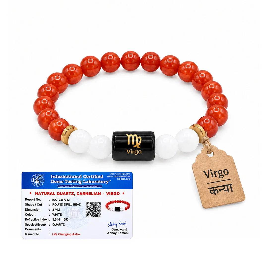 Virgo (Kanya) Rashi Bracelet – Natural Carnelian and Milky Quartz Beads for Budh