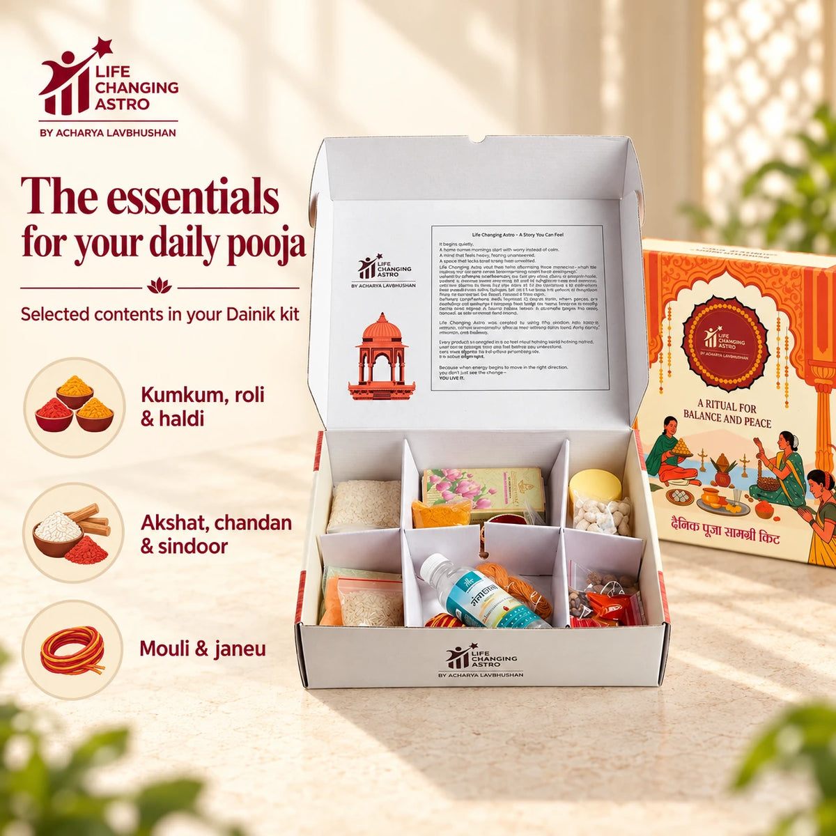 Dainik Pooja Samagri Kit. Open kit with labelled selected pooja essentials.
