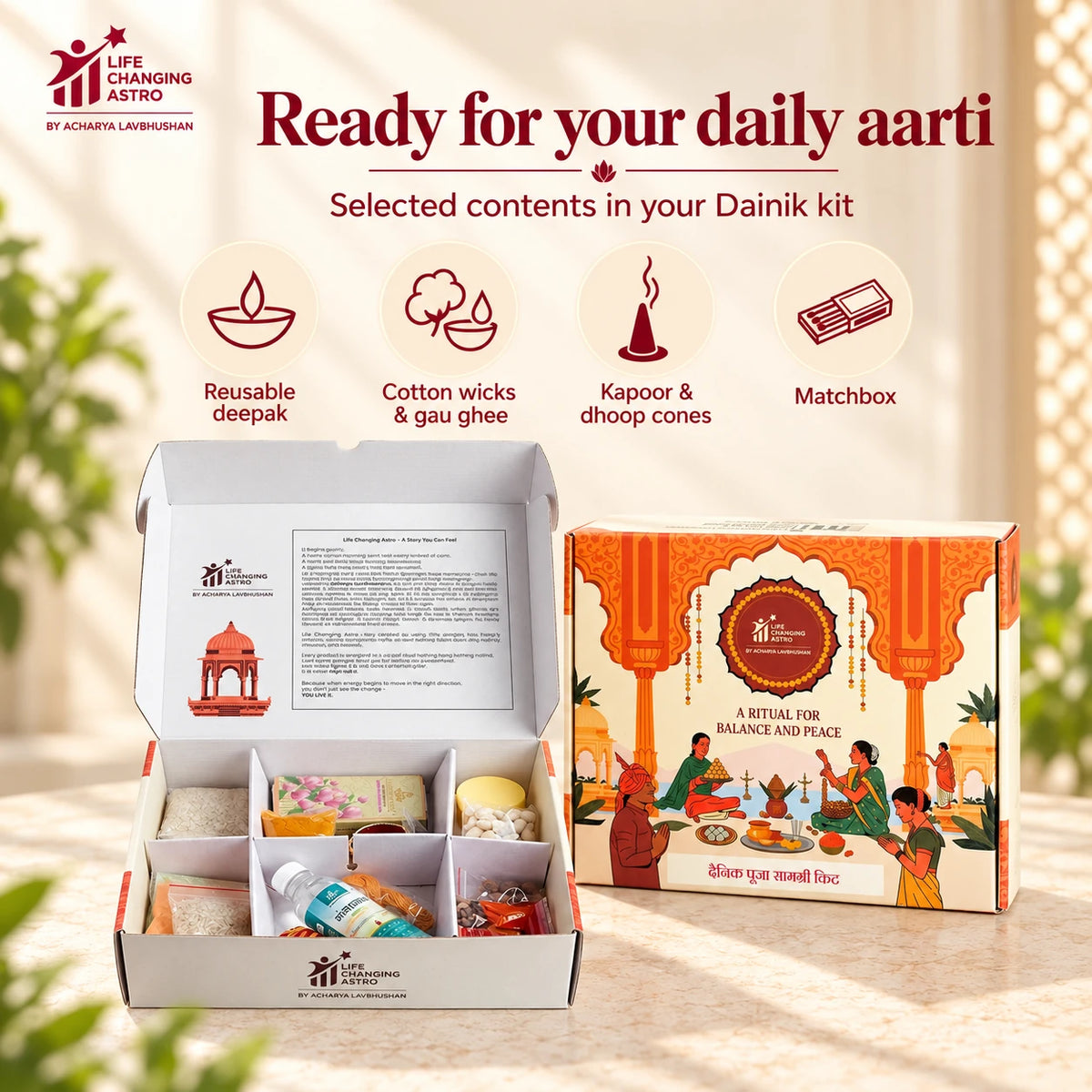 Dainik Pooja Samagri Kit. Open kit with aarti and fragrance contents listed.