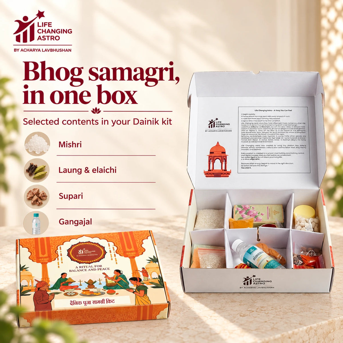 Dainik Pooja Samagri Kit. Open kit with selected bhog and naivedya contents listed.