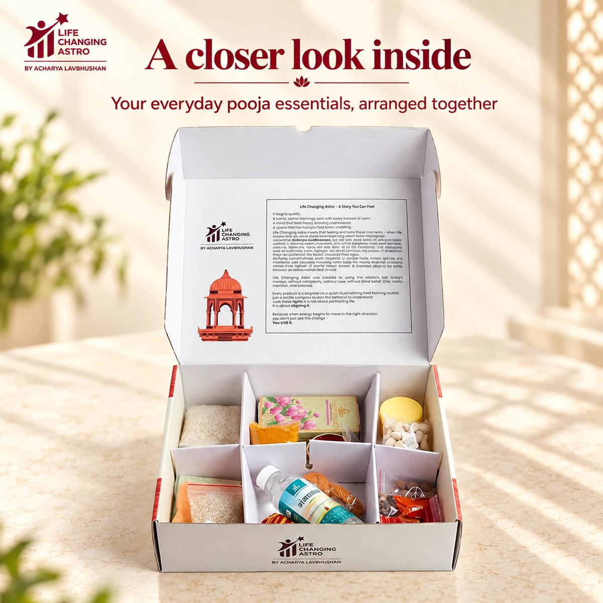 Dainik Pooja Samagri Kit. Open compartmented box showing the arranged contents.