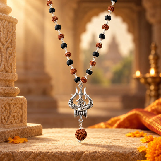 Divya Karungali Rudraksha Trishul Mala on warm sandstone