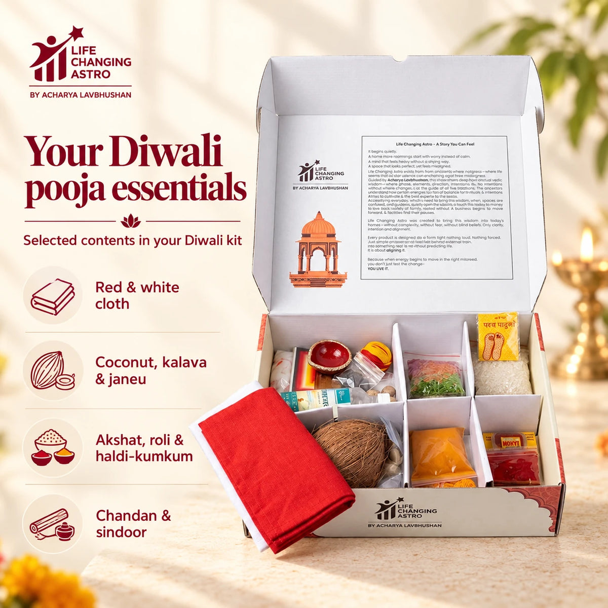 Diwali Pooja Kit. Open kit with labelled selected pooja essentials.