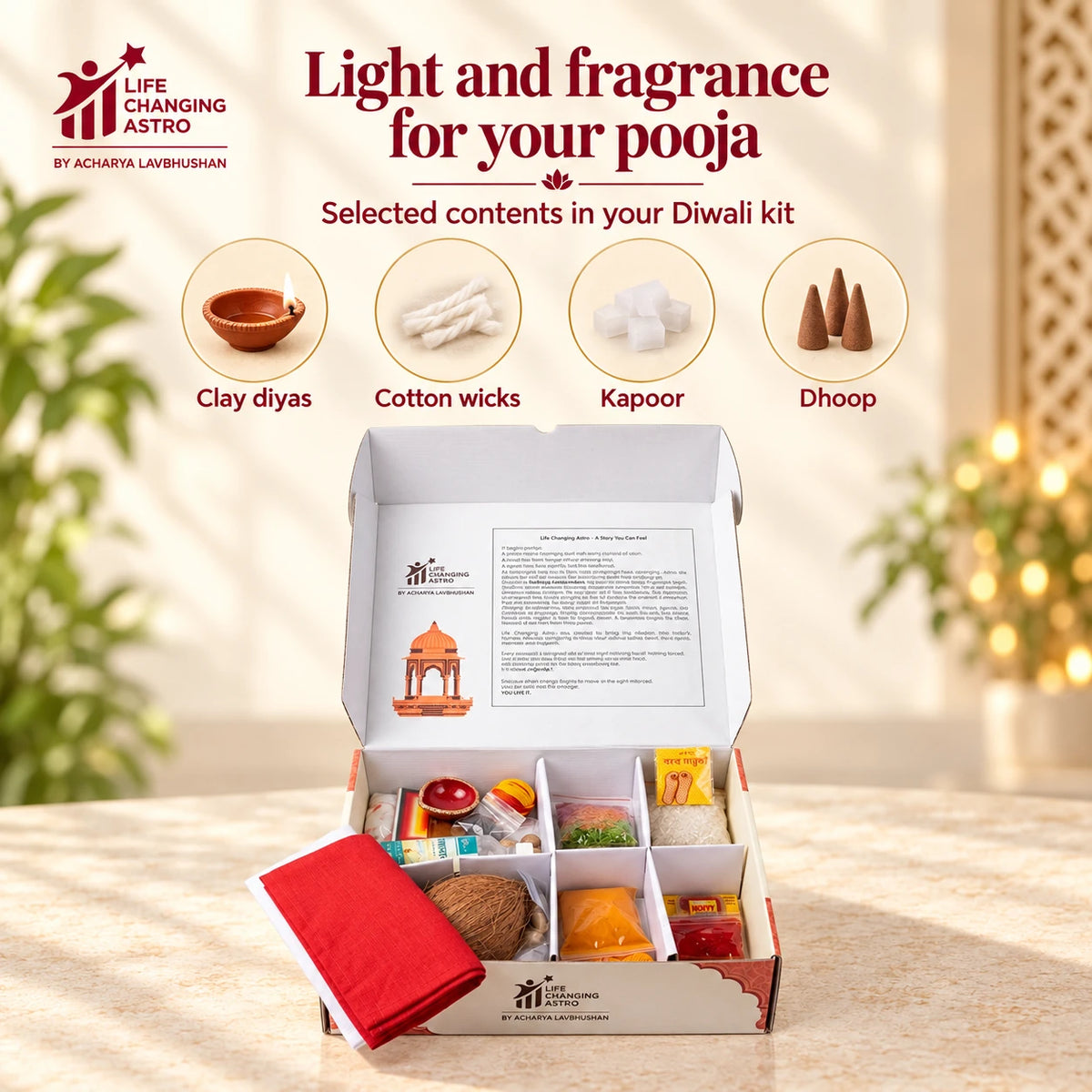 Diwali Pooja Kit. Open kit with aarti and fragrance contents listed.