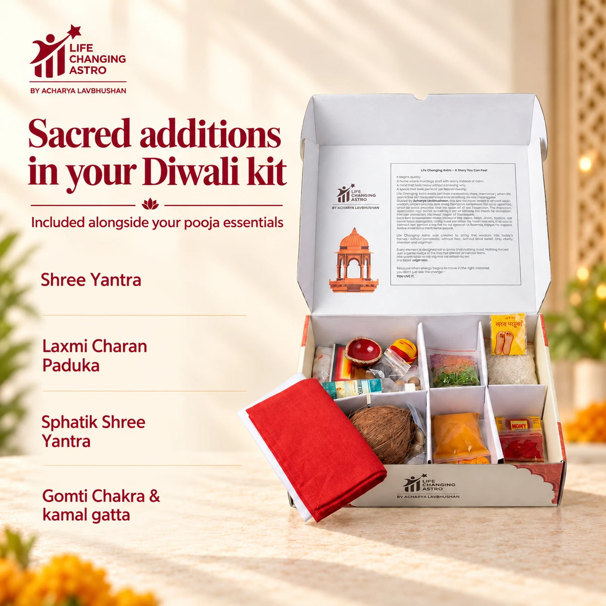 Diwali Pooja Kit. Open kit with special included samagri listed.