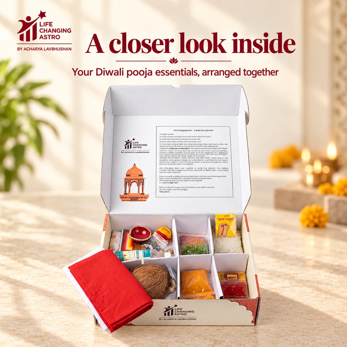 Diwali Pooja Kit. Open compartmented box showing the arranged contents.