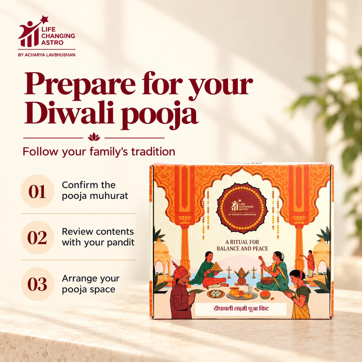 Diwali Pooja Kit. Product box with a short pooja preparation checklist.