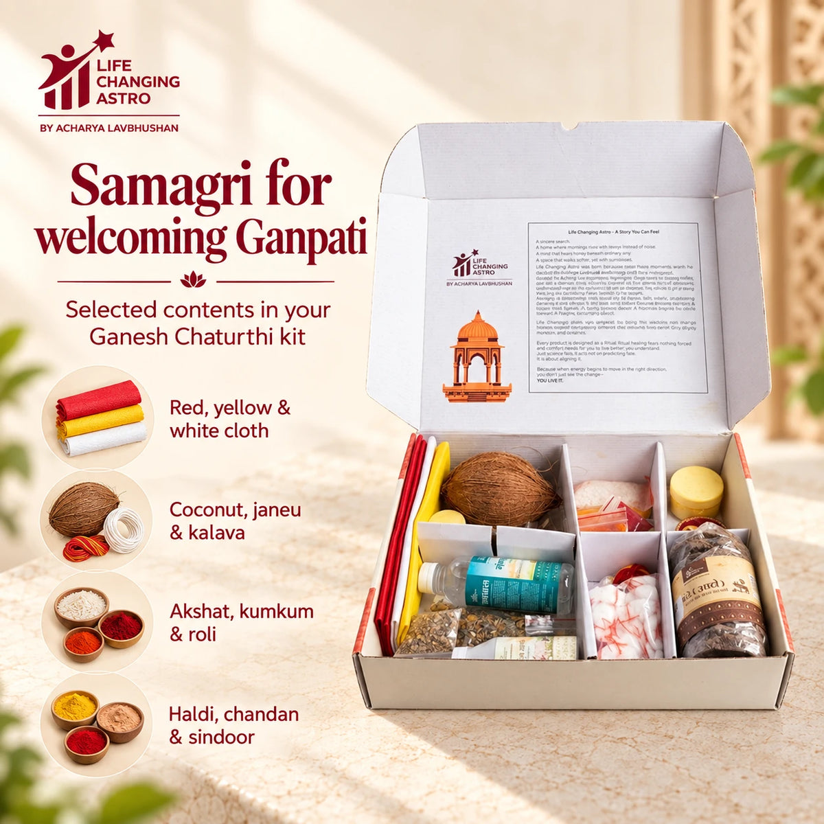 Ganesh Chaturthi Pooja Kit. Open kit with labelled selected pooja essentials.