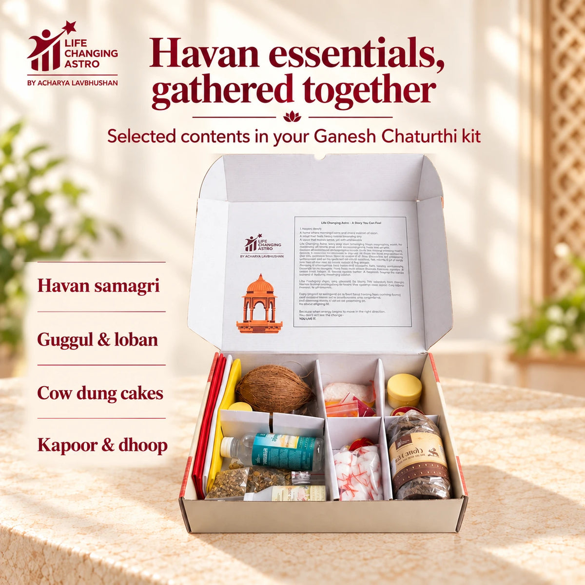 Ganesh Chaturthi Pooja Kit. Open kit with selected havan materials listed.