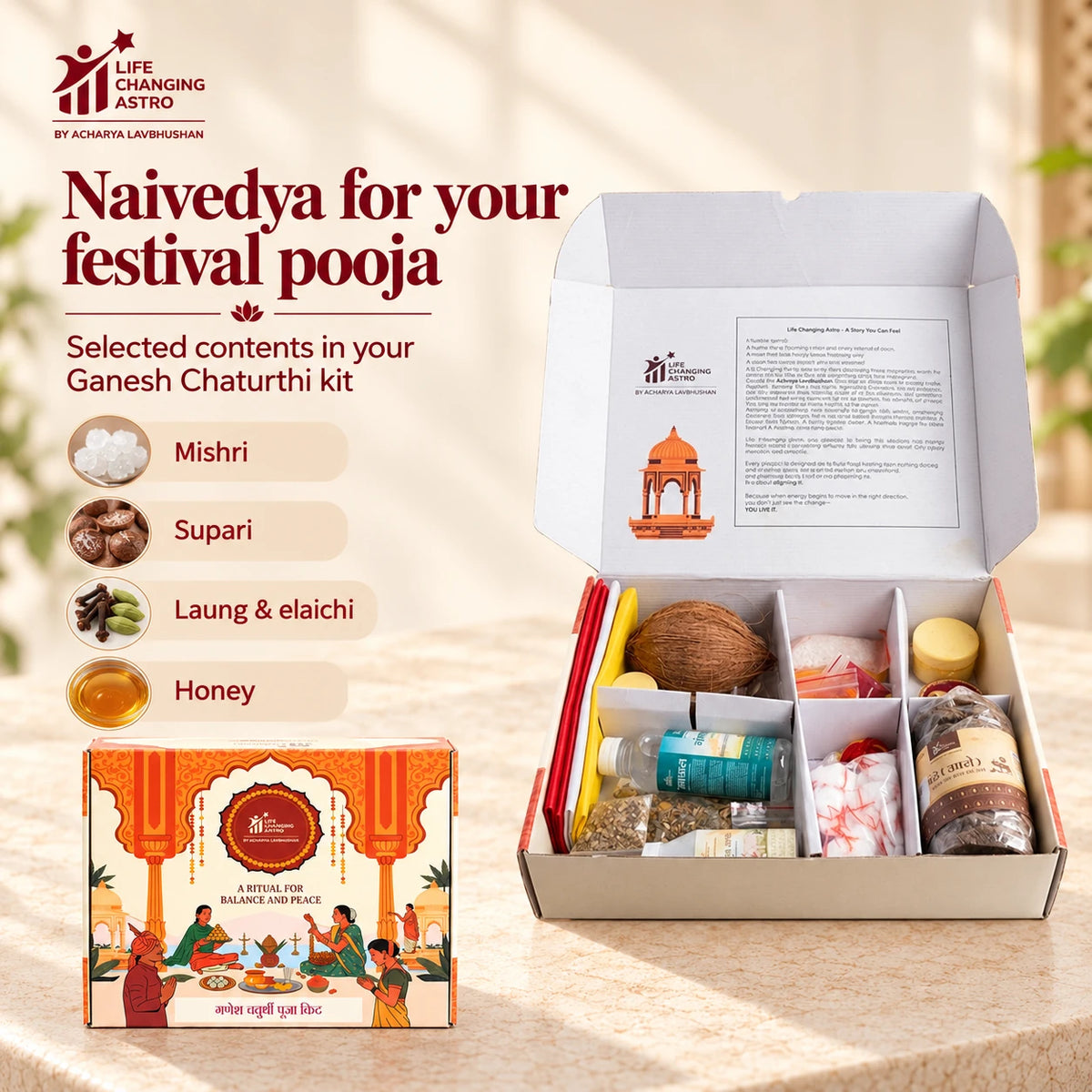 Ganesh Chaturthi Pooja Kit. Open kit with selected bhog and naivedya contents listed.
