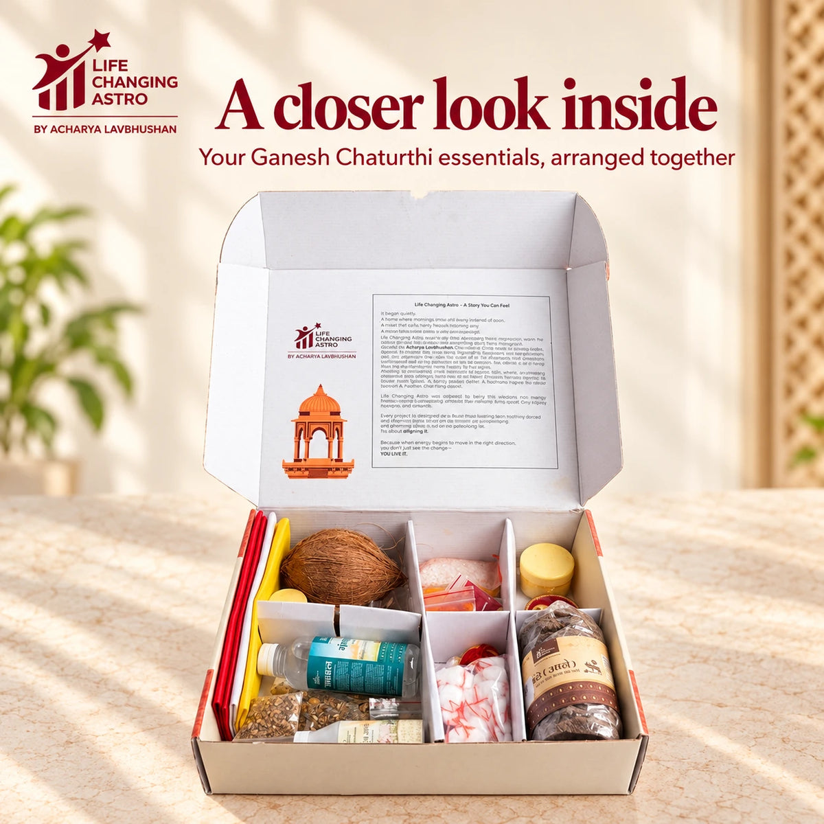 Ganesh Chaturthi Pooja Kit. Open compartmented box showing the arranged contents.