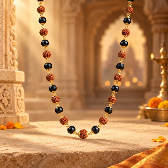 Gold Plated Karungali & Rudraksha Premium Mala on warm sandstone