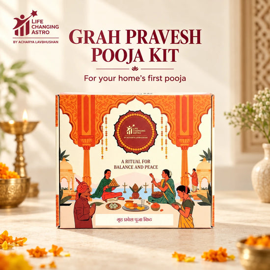 Grah Pravesh Pooja Kit box in a warm ivory setting.