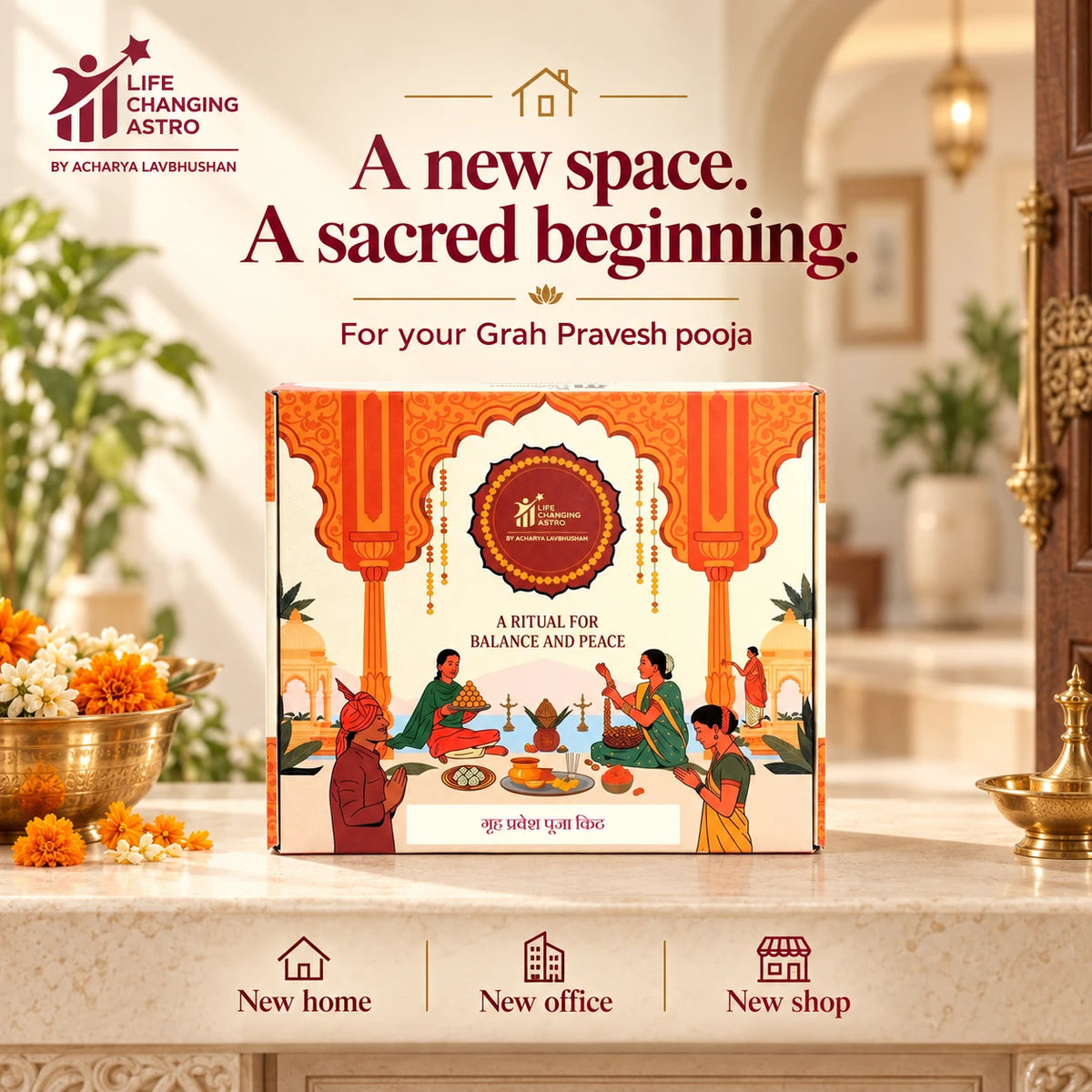 Grah Pravesh Pooja Kit box with labels for a new home, office and shop.