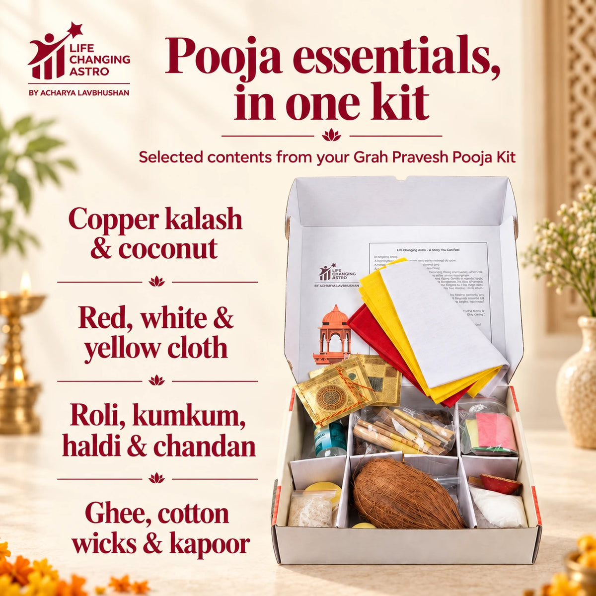 Open pooja kit beside a list of selected included essentials.