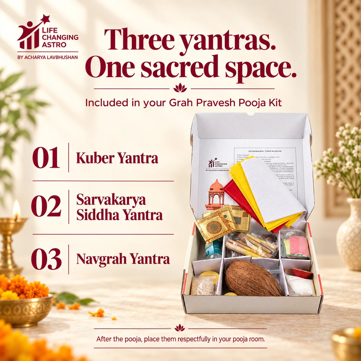 Open kit beside the names Kuber, Sarvakarya Siddha and Navgrah Yantra.