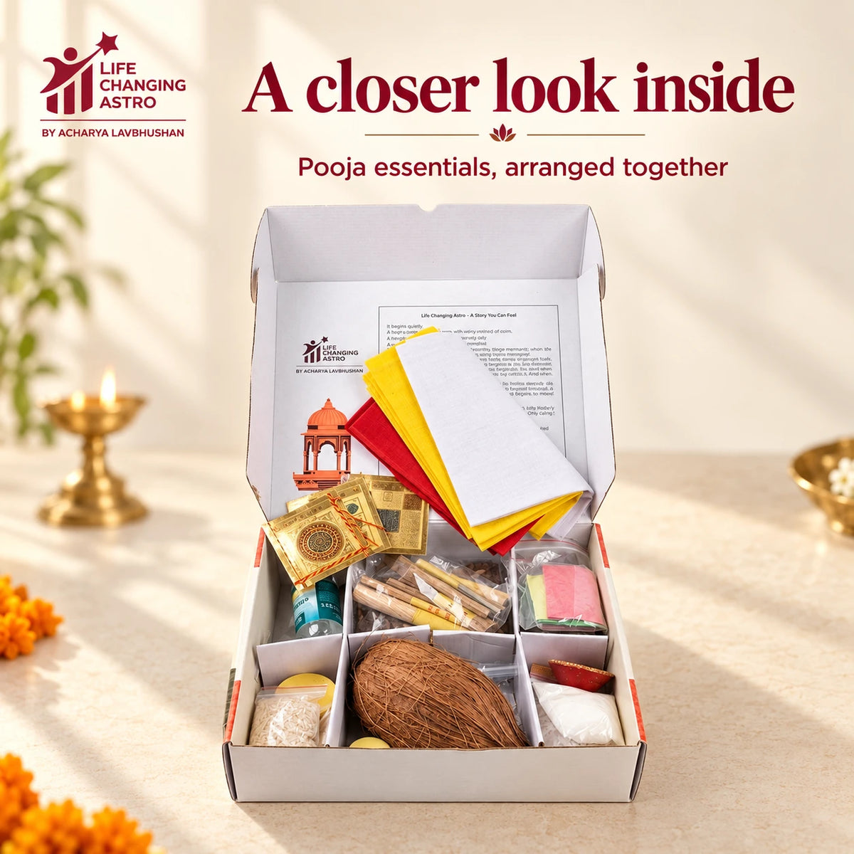 Open compartmented kit showing folded cloth, coconut, packets and yantras.