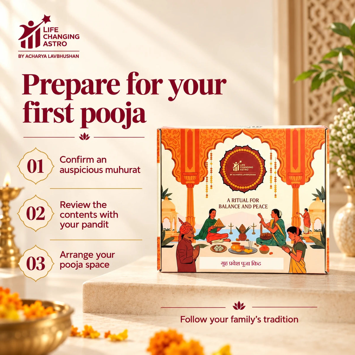 Pooja kit box beside three preparation suggestions.