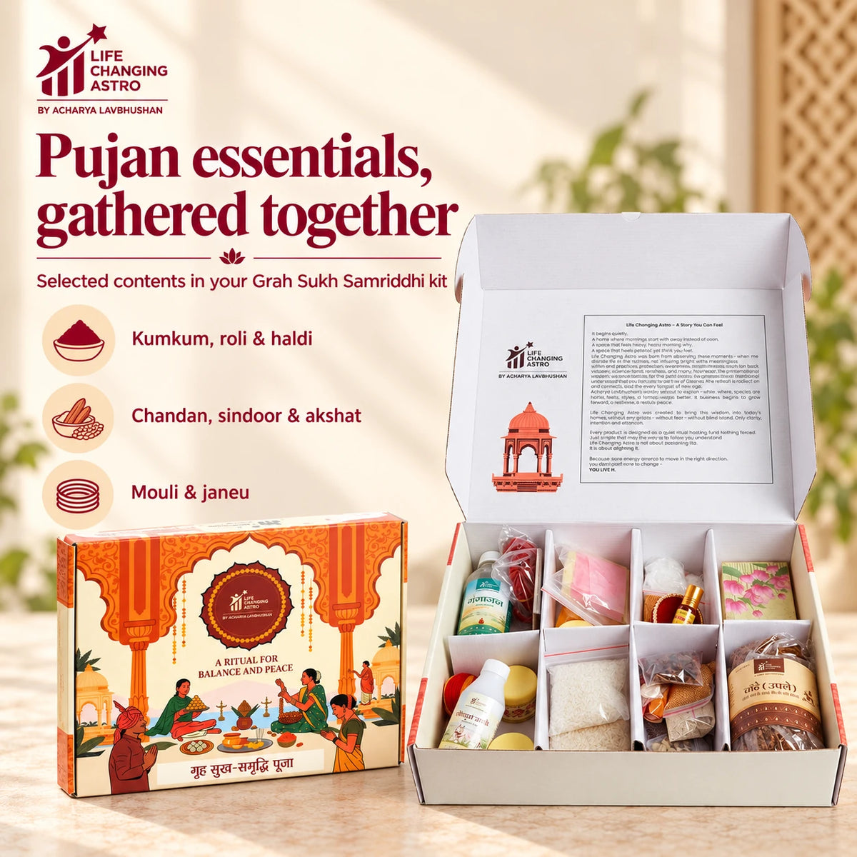 Grah Sukh Samriddhi Pooja Kit. Open kit with labelled selected pooja essentials.