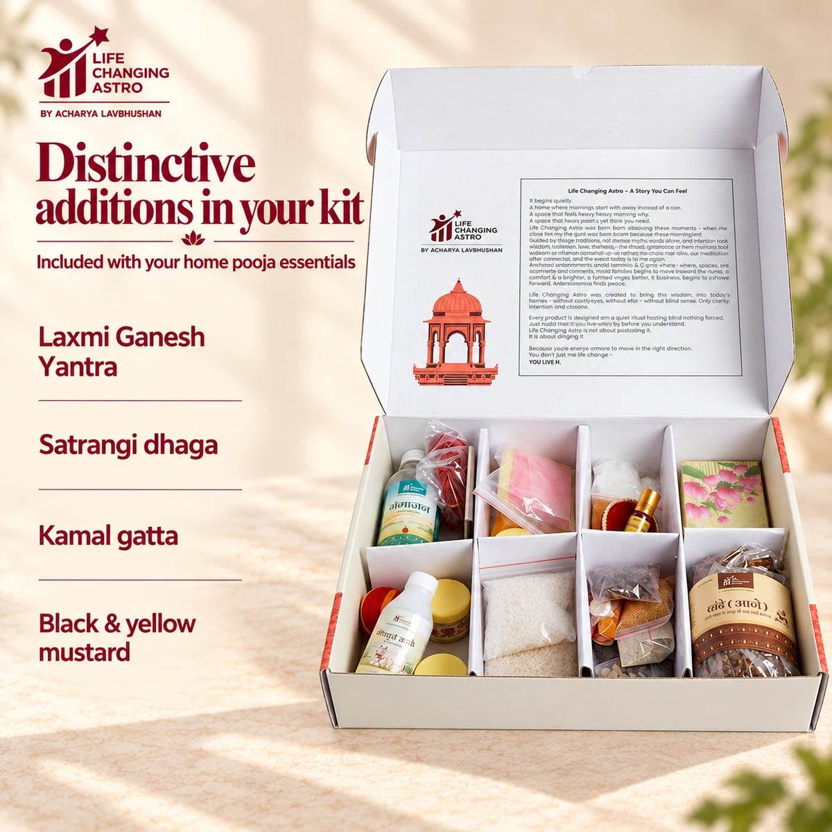 Grah Sukh Samriddhi Pooja Kit. Open kit with special included samagri listed.