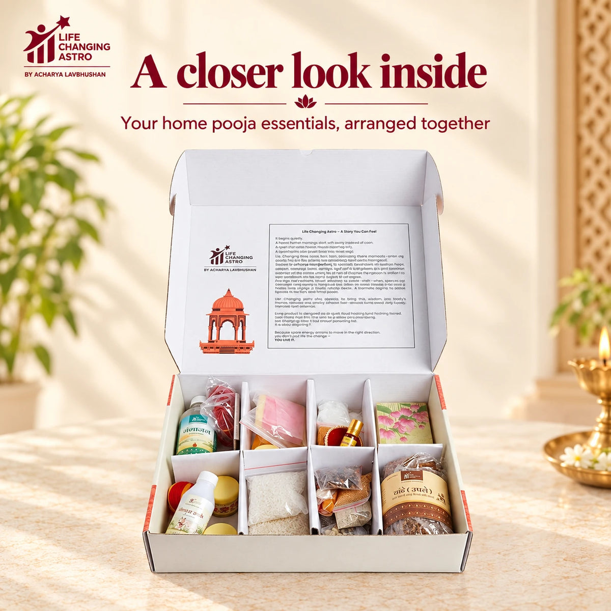 Grah Sukh Samriddhi Pooja Kit. Open compartmented box showing the arranged contents.