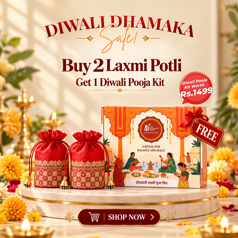 Laxmi potli combo: two red Laxmi potlis with a free Diwali pooja kit (worth ₹1,499) during the Diwali Dhamaka sale. Life Changing Astro