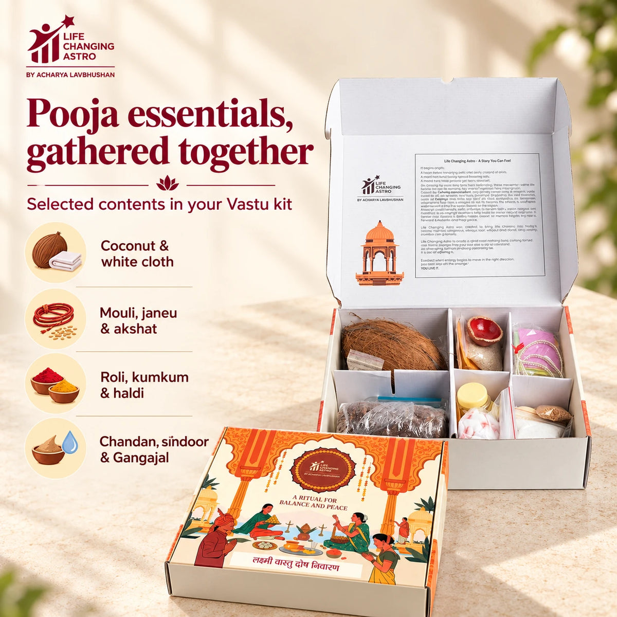 Laxmi Vastu Dosh Nivaran Kit. Open kit with labelled selected pooja essentials.
