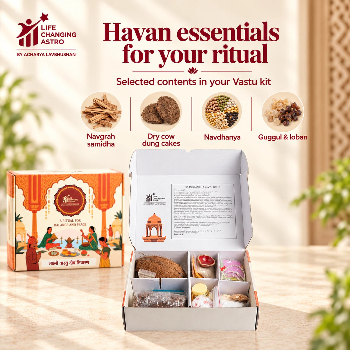 Laxmi Vastu Dosh Nivaran Kit. Open kit with selected havan materials listed.
