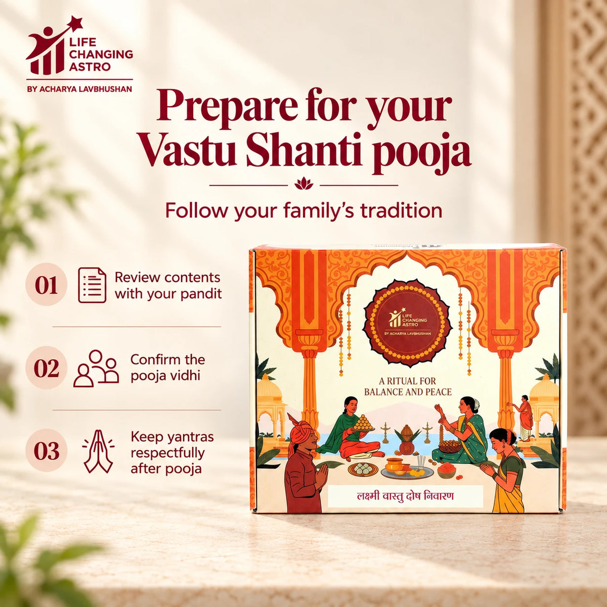 Laxmi Vastu Dosh Nivaran Kit. Product box with a short pooja preparation checklist.