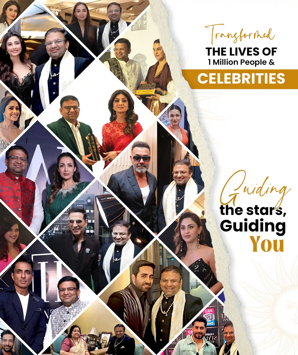 Collage of photos of Acharya Lavbhushan at events, from Life Changing Astro