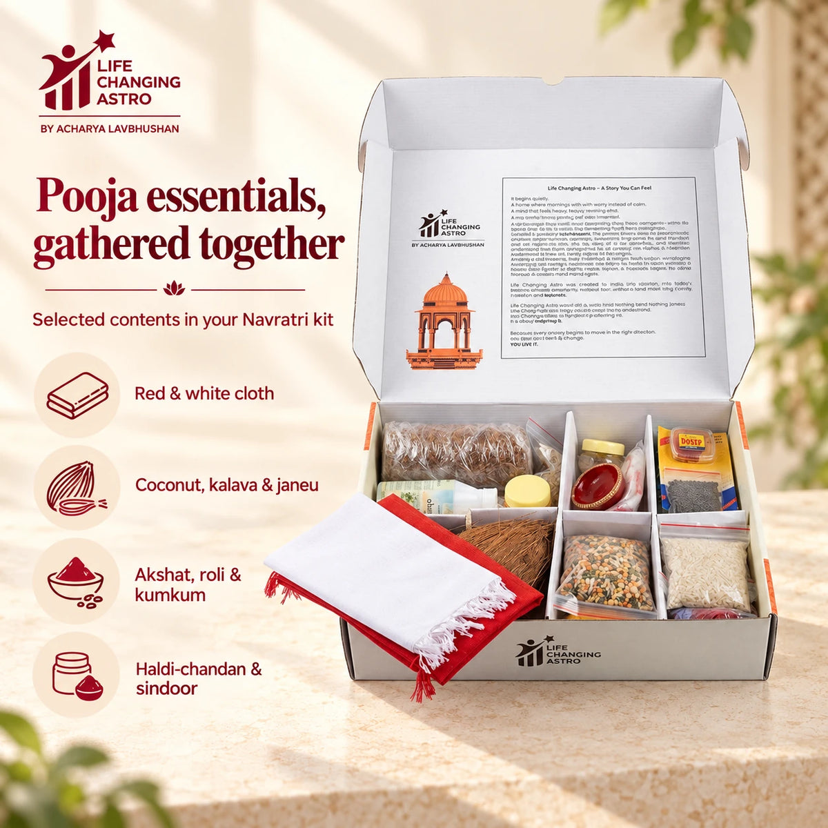 Navratri Pooja Kit. Open kit with labelled selected pooja essentials.