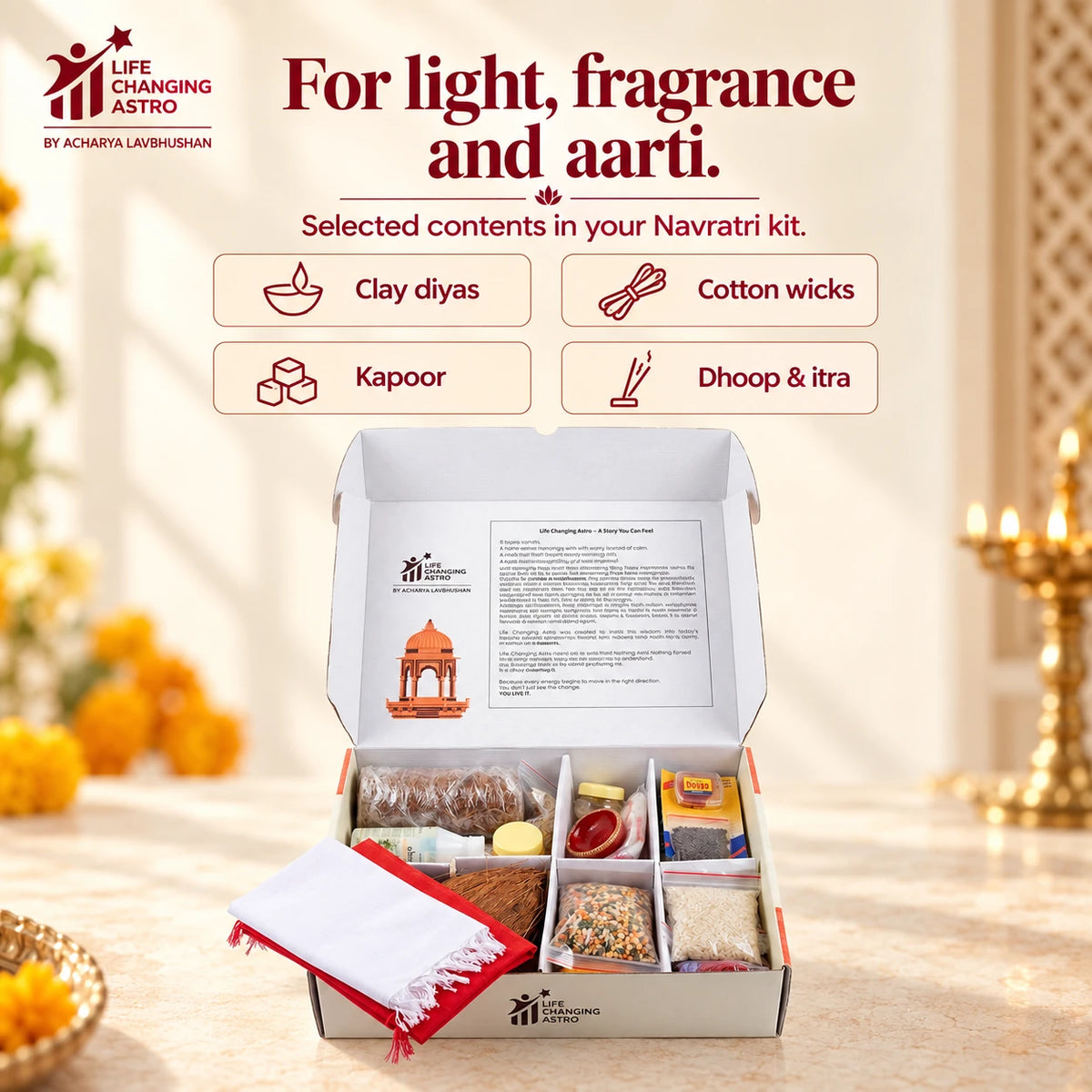 Navratri Pooja Kit. Open kit with aarti and fragrance contents listed.