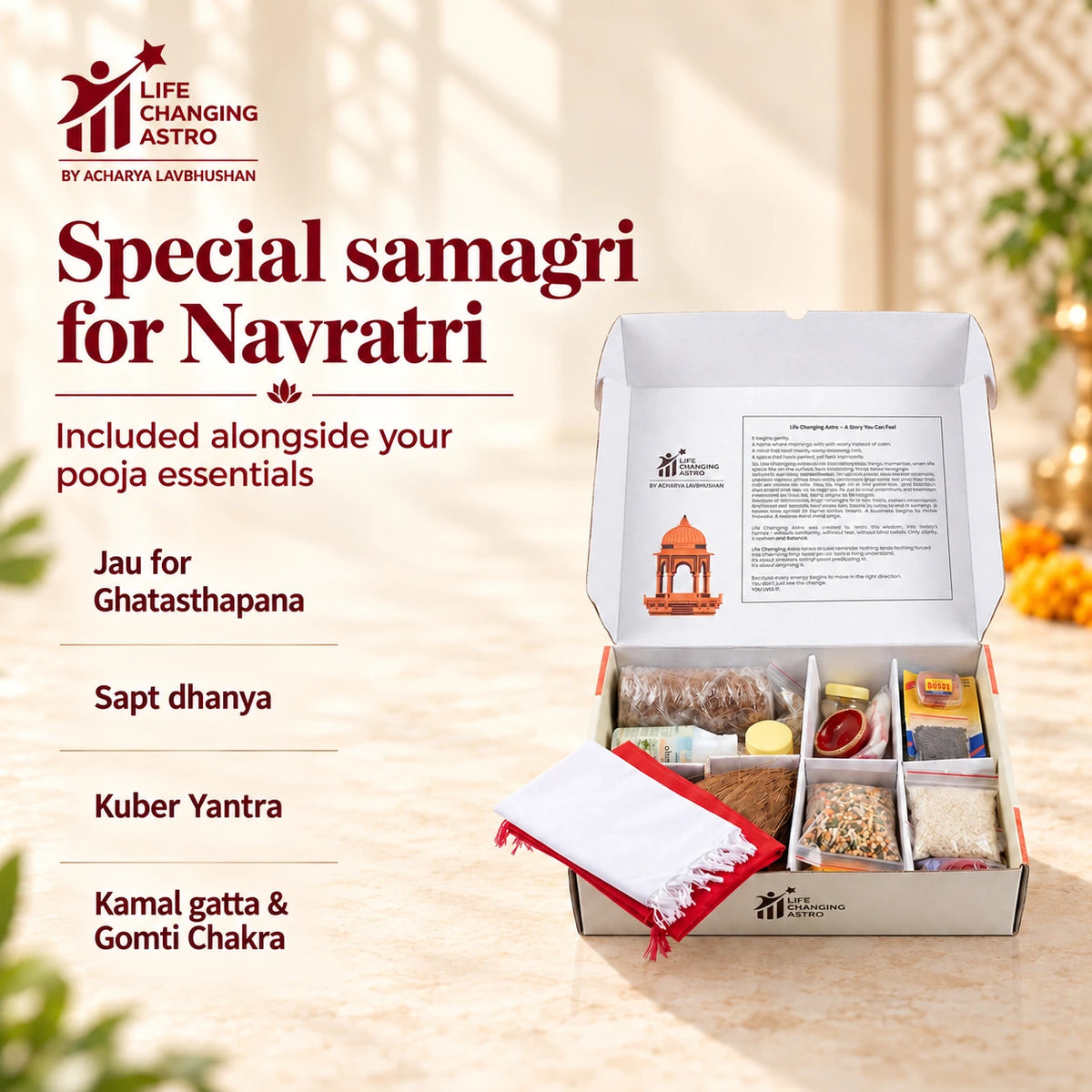 Navratri Pooja Kit. Open kit with special included samagri listed.