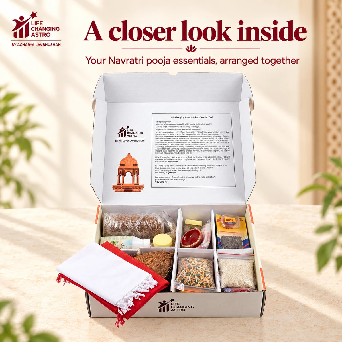 Navratri Pooja Kit. Open compartmented box showing the arranged contents.