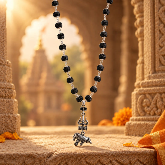 Original Silver-Plated Karungali Mala with Shiv Trishul Nandi Pendant on warm sandstone