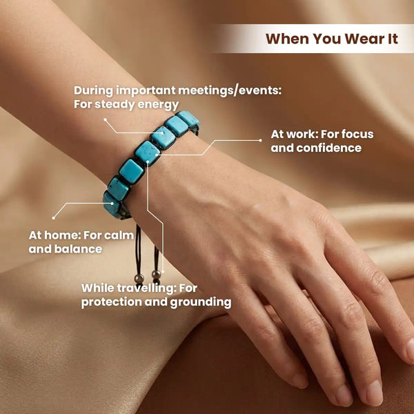 turquoise bracelet, natural turquoise stone bracelet, protection gemstone bracelet, confidence crystal bracelet, communication stone jewelry, grounding gemstone bracelet, daily wear spiritual bracelet, bracelet by acharya lavbhushan, when you wear it 